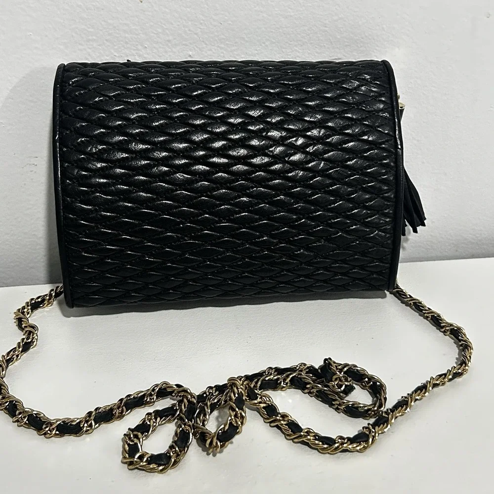Vintage French Evening bag Pierre Balmain Black Leather Quilted Gold Strap Purse